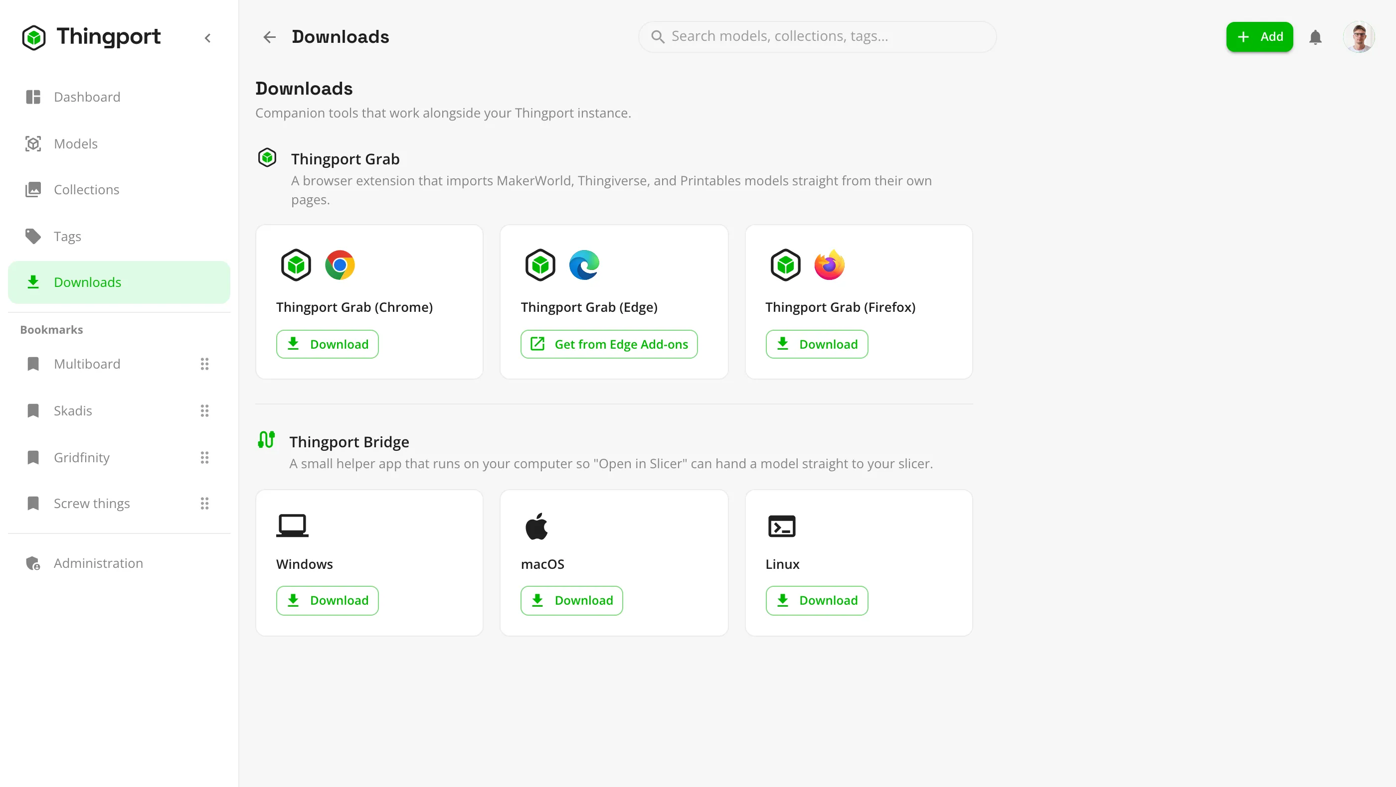 The downloads view in Thingport