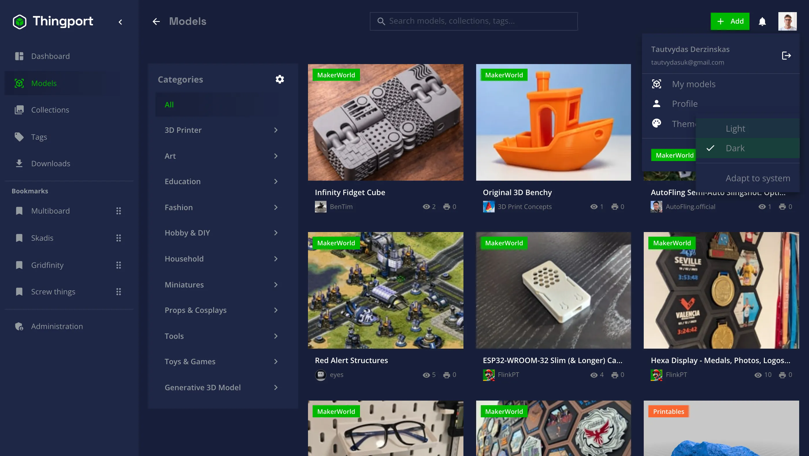 The Thingport dashboard in the dark theme