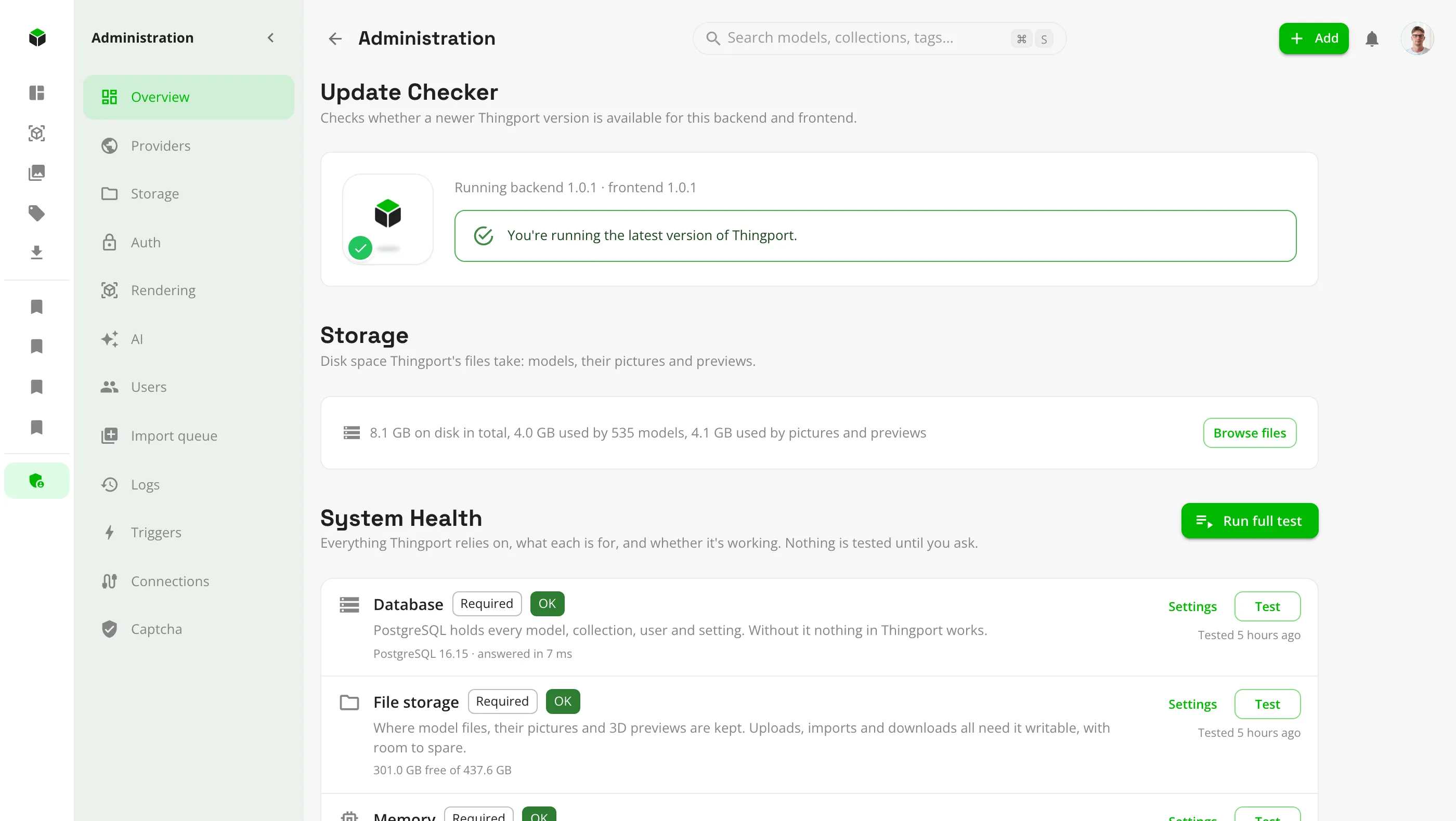 The administration overview with storage use, update check and System Health