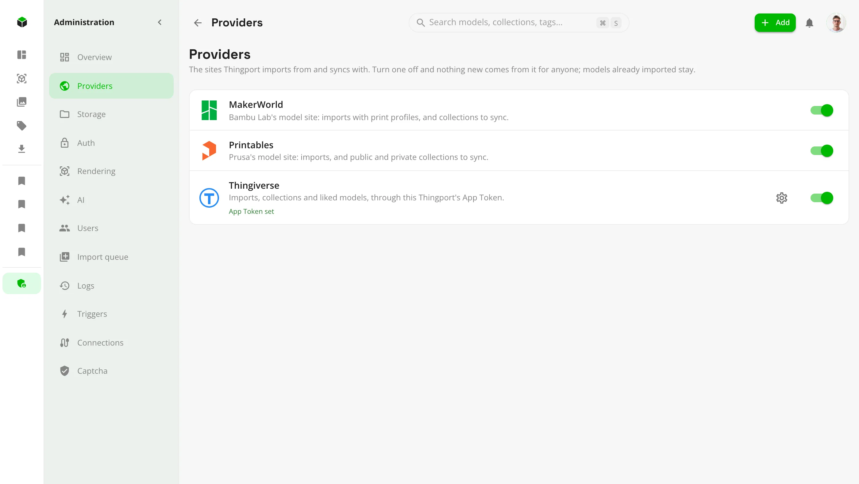 The Providers page with MakerWorld, Printables and Thingiverse switches