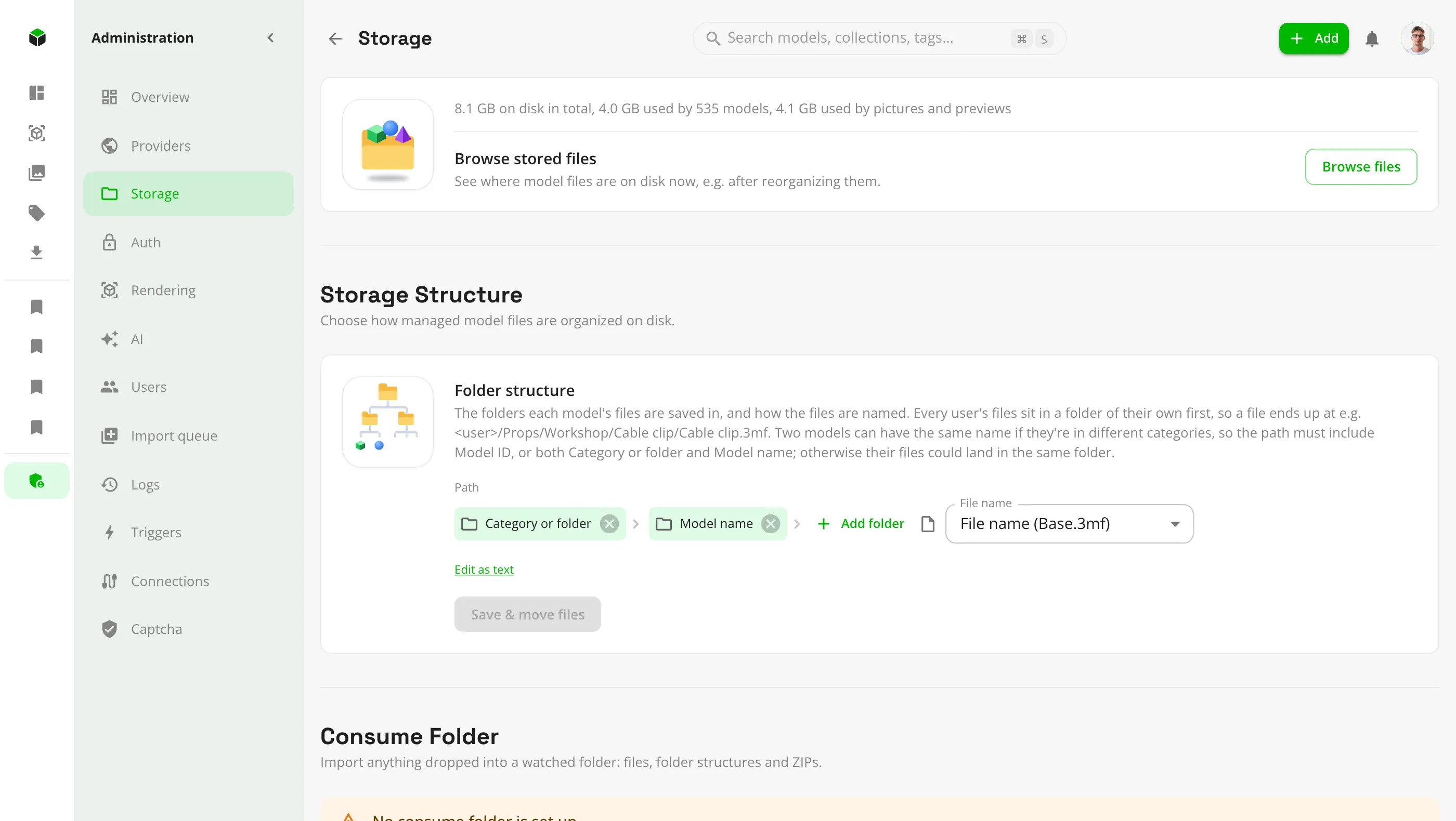 The Storage page with the folder structure builder
