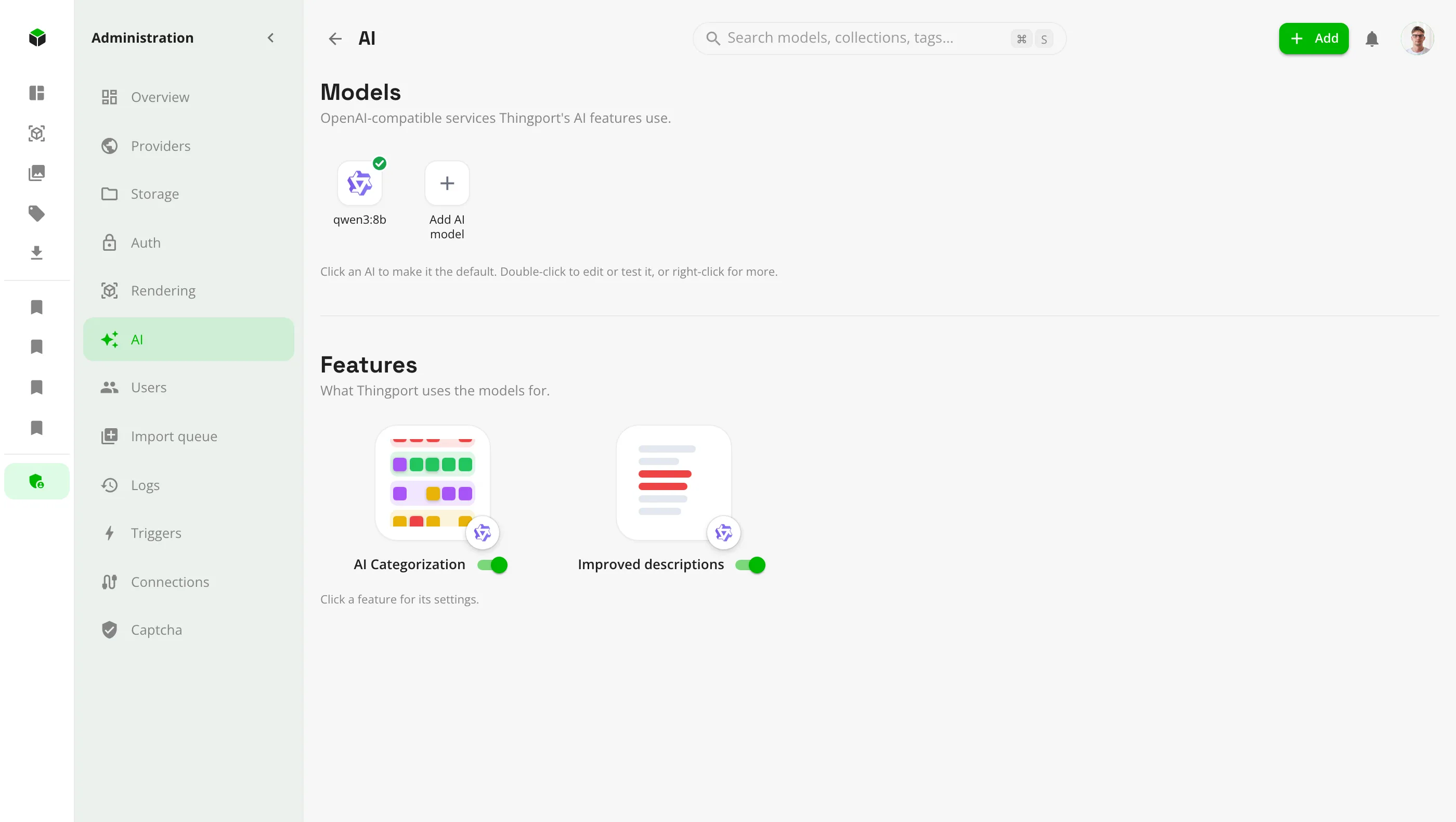 The AI page with configured models and feature tiles