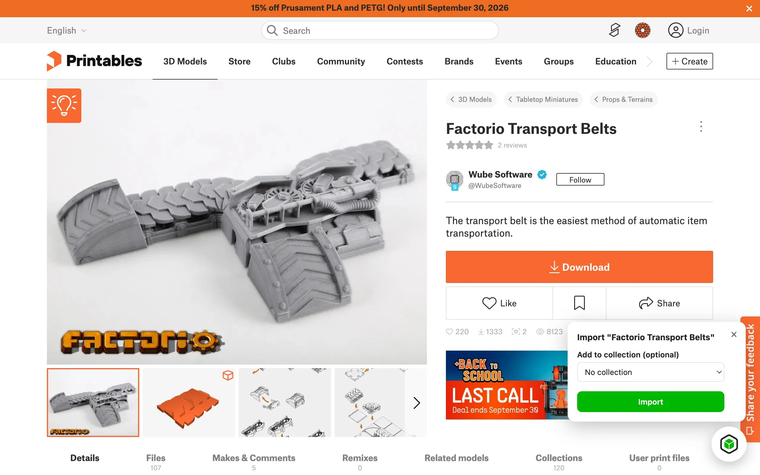 Thingport Grab's import panel on a Printables model page